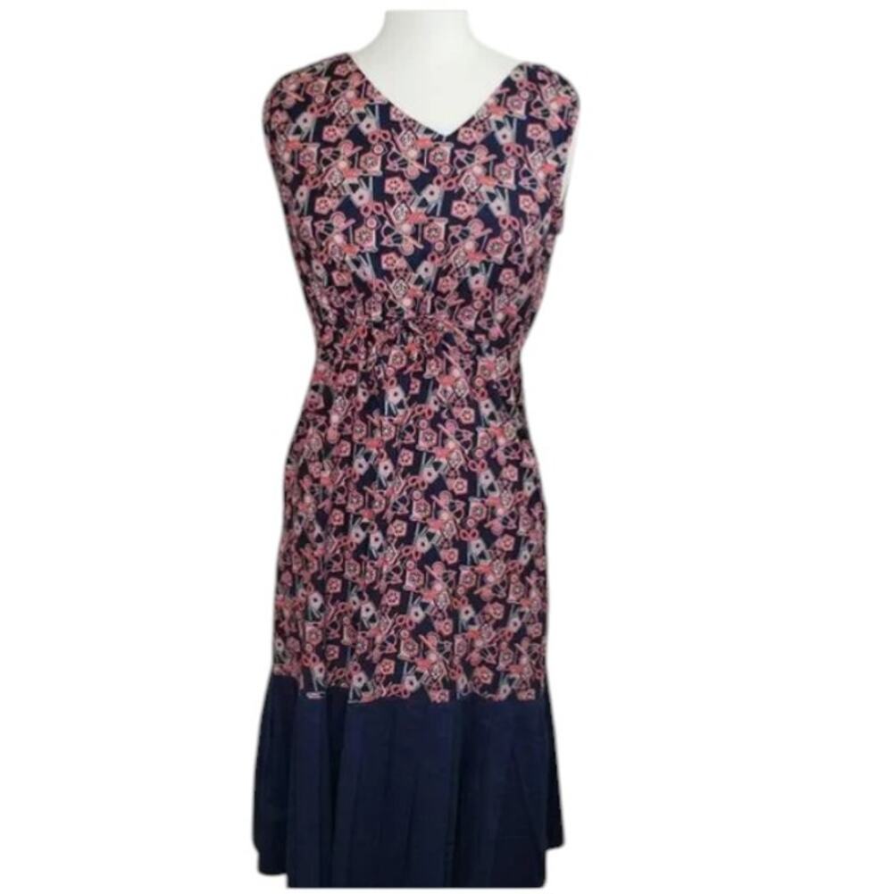 Mata Traders Modcloth Scissor Print Sleeveless Midi Dress Coral Navy Size Small